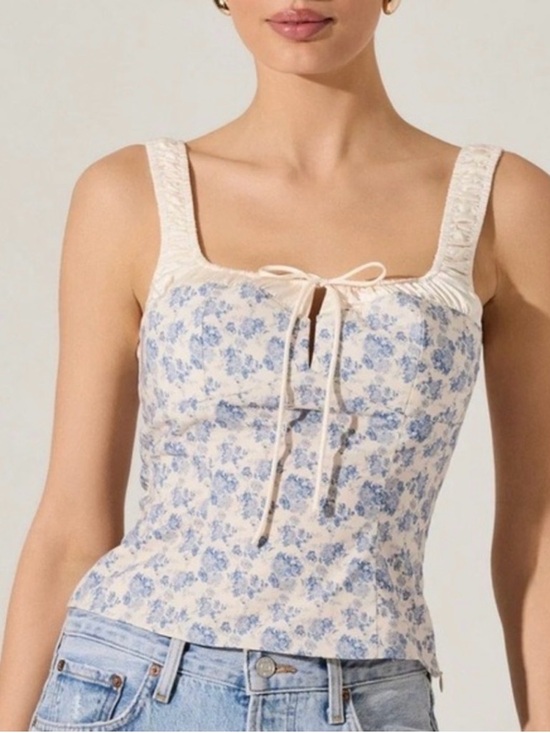 Astr Tops - Astr The Label Floral Square Neck Tank Top in Cream & Blue